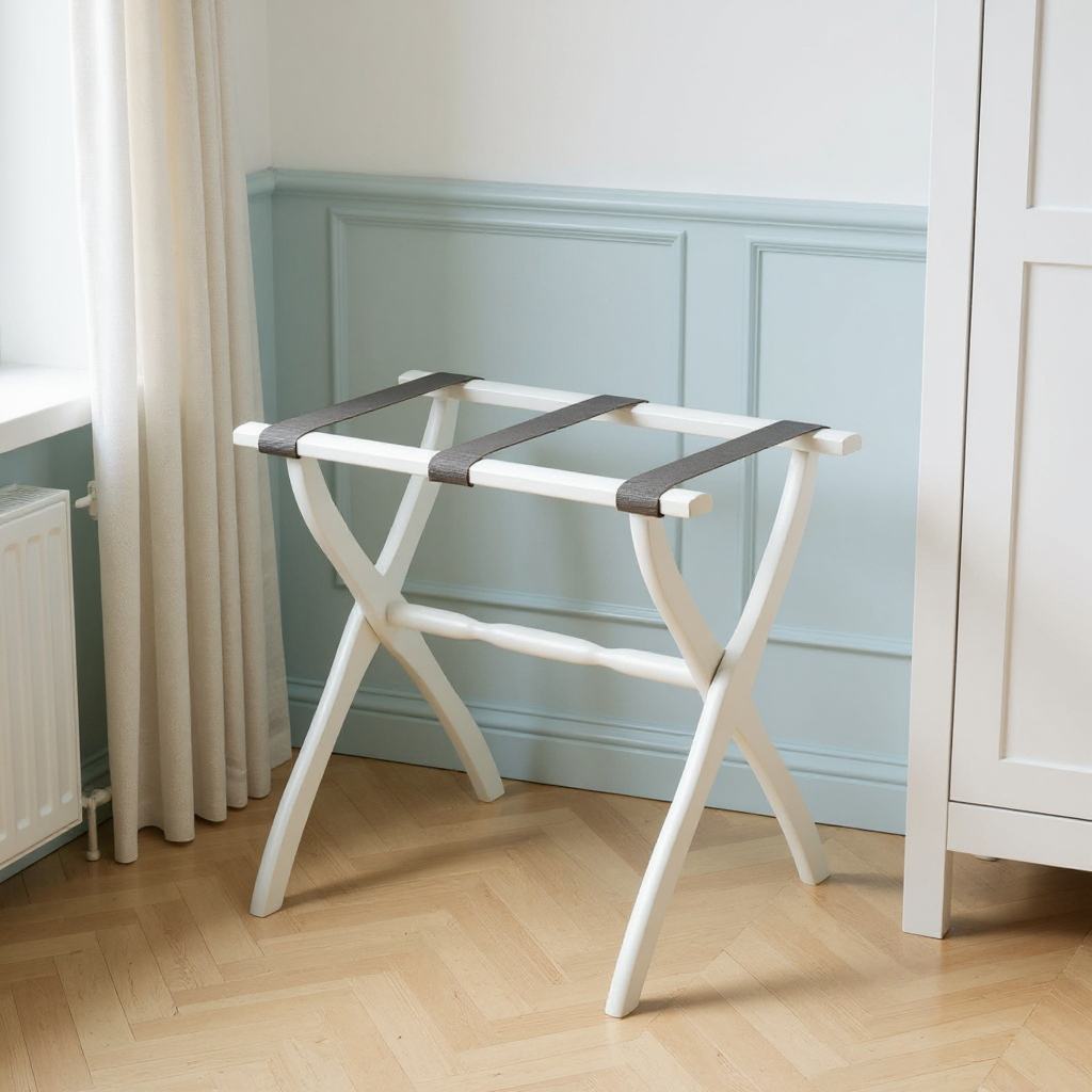 489579 White Folding Luggage Rack with Gray Straps
