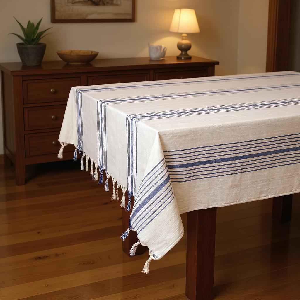 Picture of HomeRoots 521295 71 x 95 in. Cream & Blue Striped Cotton Tablecloth & Napkins Set