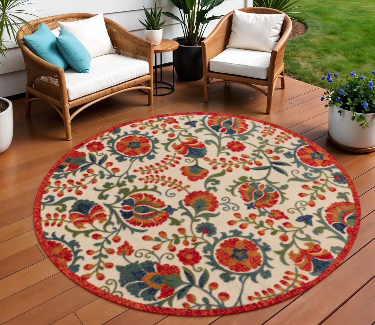 548071 8 ft. Red Gold Teal Blue & Green Round Floral Indoor & Outdoor Area Rug