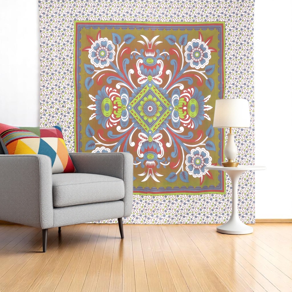 Floral Cotton Tapestry - Green Red & White - 88 x 84 in. - Handmade Bohemian Decor