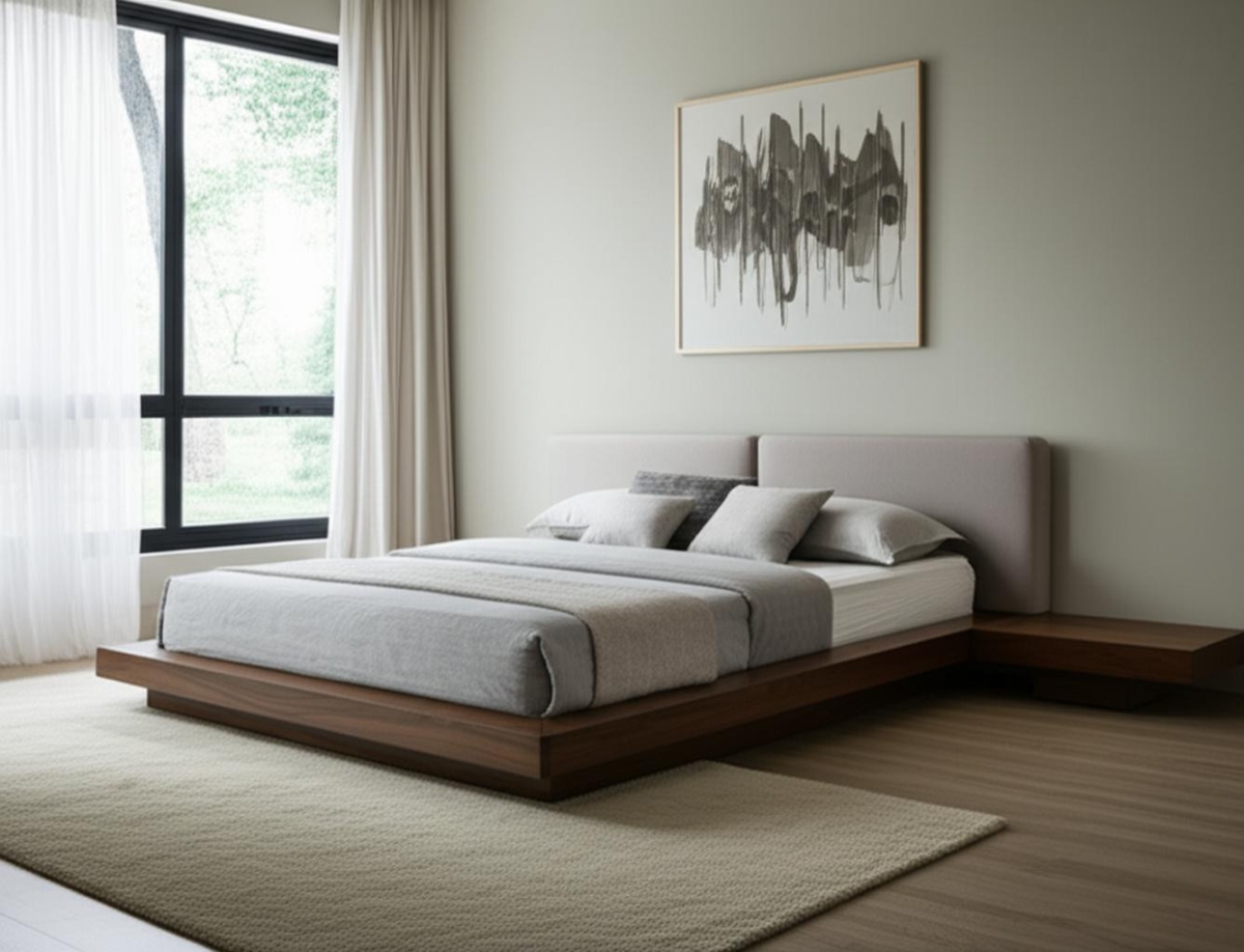 486266 Gray & Walnut Wood & Faux Leather King Bed Frame with Attached Nightstands