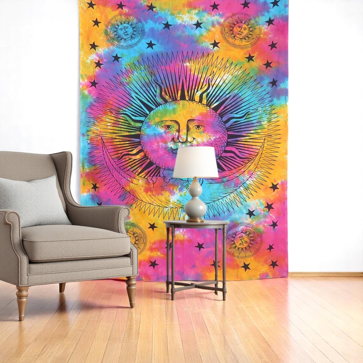 397202 80 x 56 in. Blue Pink & Yellow Cotton Hanging Tapestry