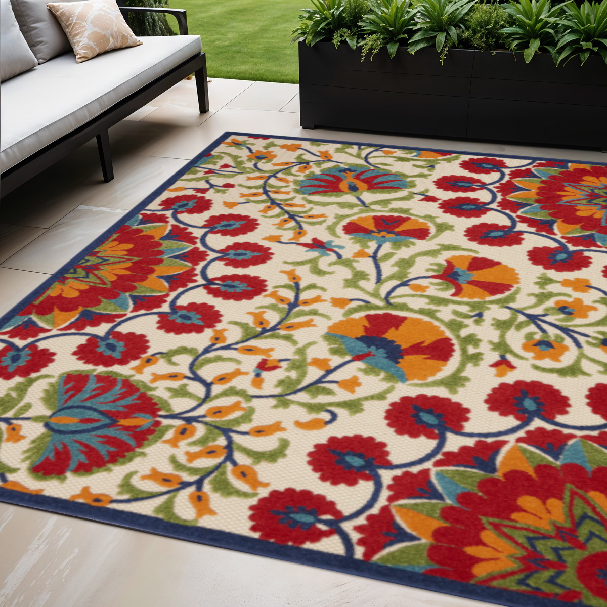 546788 5 x 8 ft. Navy Blue Beige Green Blue & Red Floral Indoor & Outdoor Rectangle Area Rug