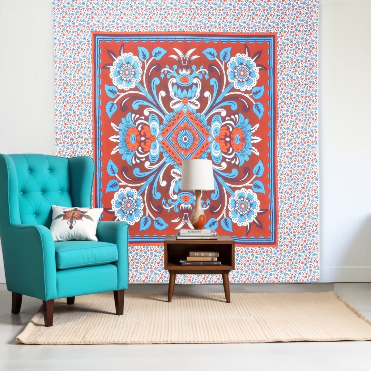Bohemian Floral Cotton Tapestry - Red Blue & White - 88 x 84 in. - Handmade