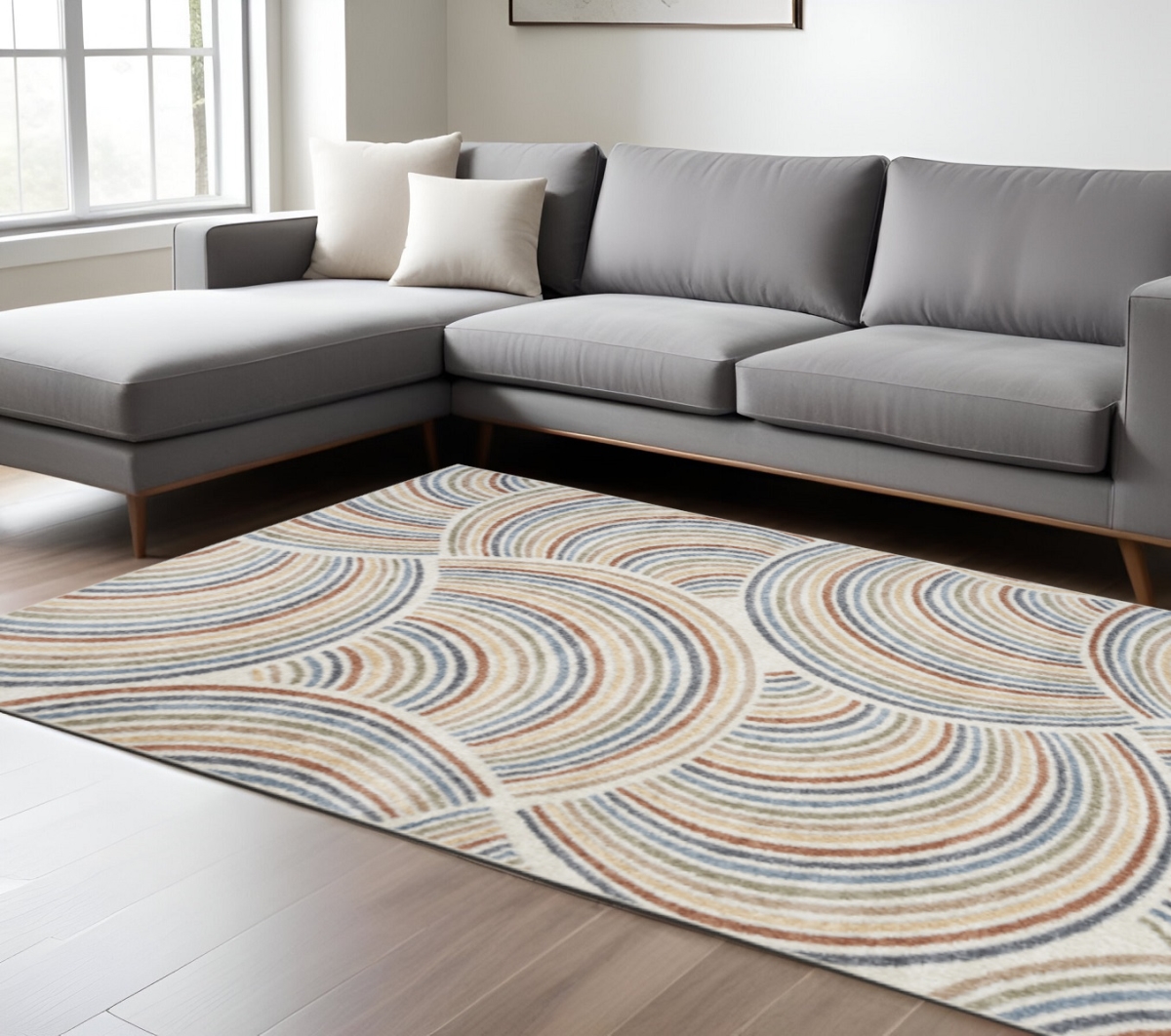 532827 7 x 9 ft. Ivory Blue & Brown Geometric Washable Rectangle Area Rug