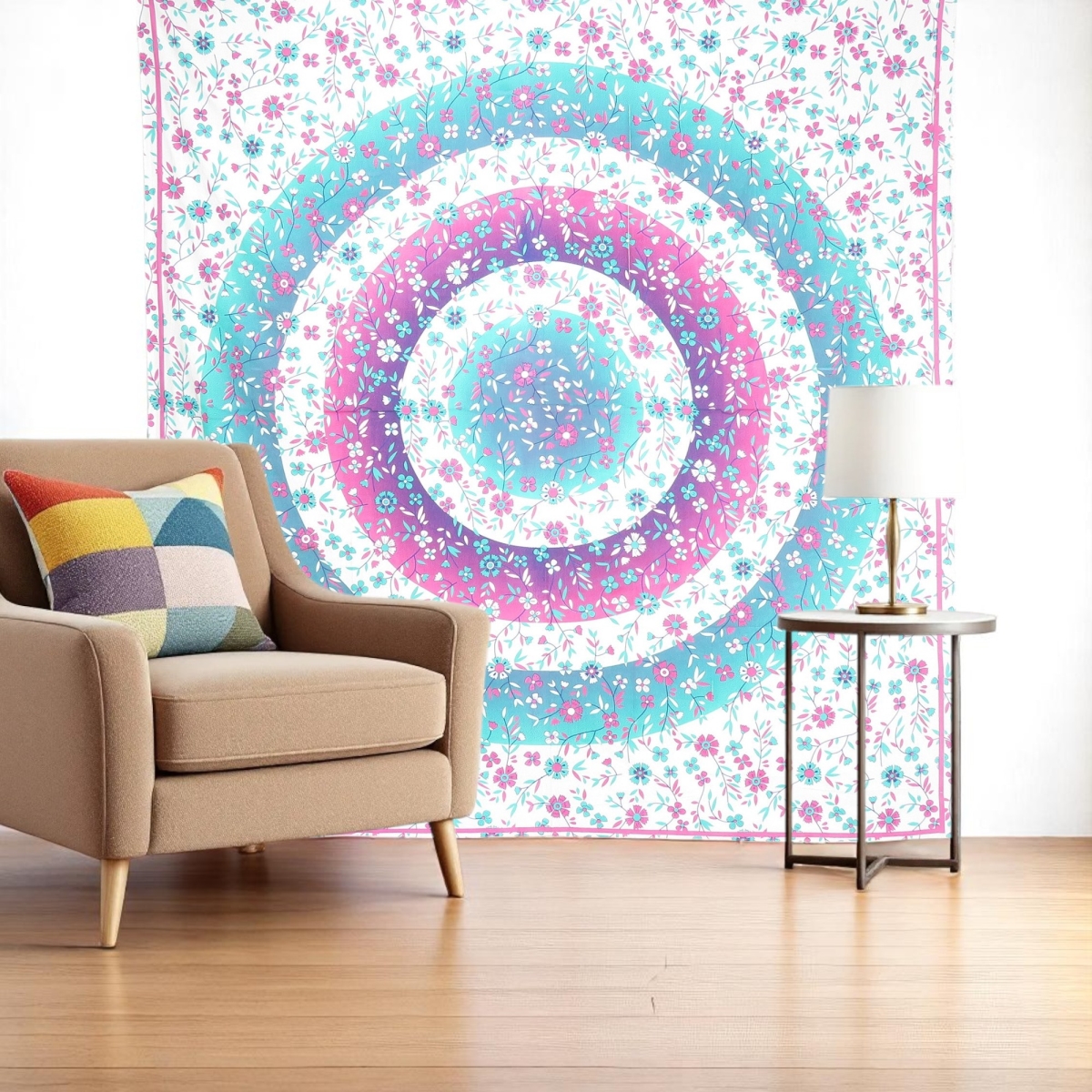 397433 88 x 84 in. Pink Blue & White Floral Cotton Hanging Tapestry