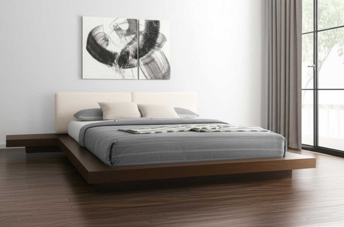 486264 Walnut & White Wood & Faux Leather King Bed Frame with Attached Nightstands