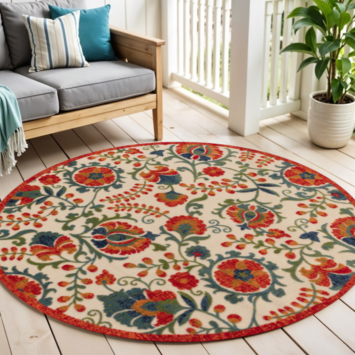 548148 5 ft. Red Gold Teal Blue & Green Round Floral Indoor & Outdoor Area Rug
