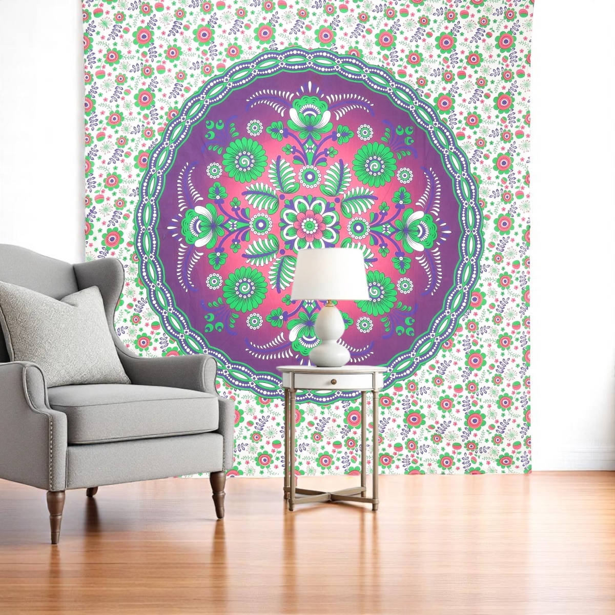 397423 88 x 84 in. Green Purple & White Floral Cotton Hanging Tapestry