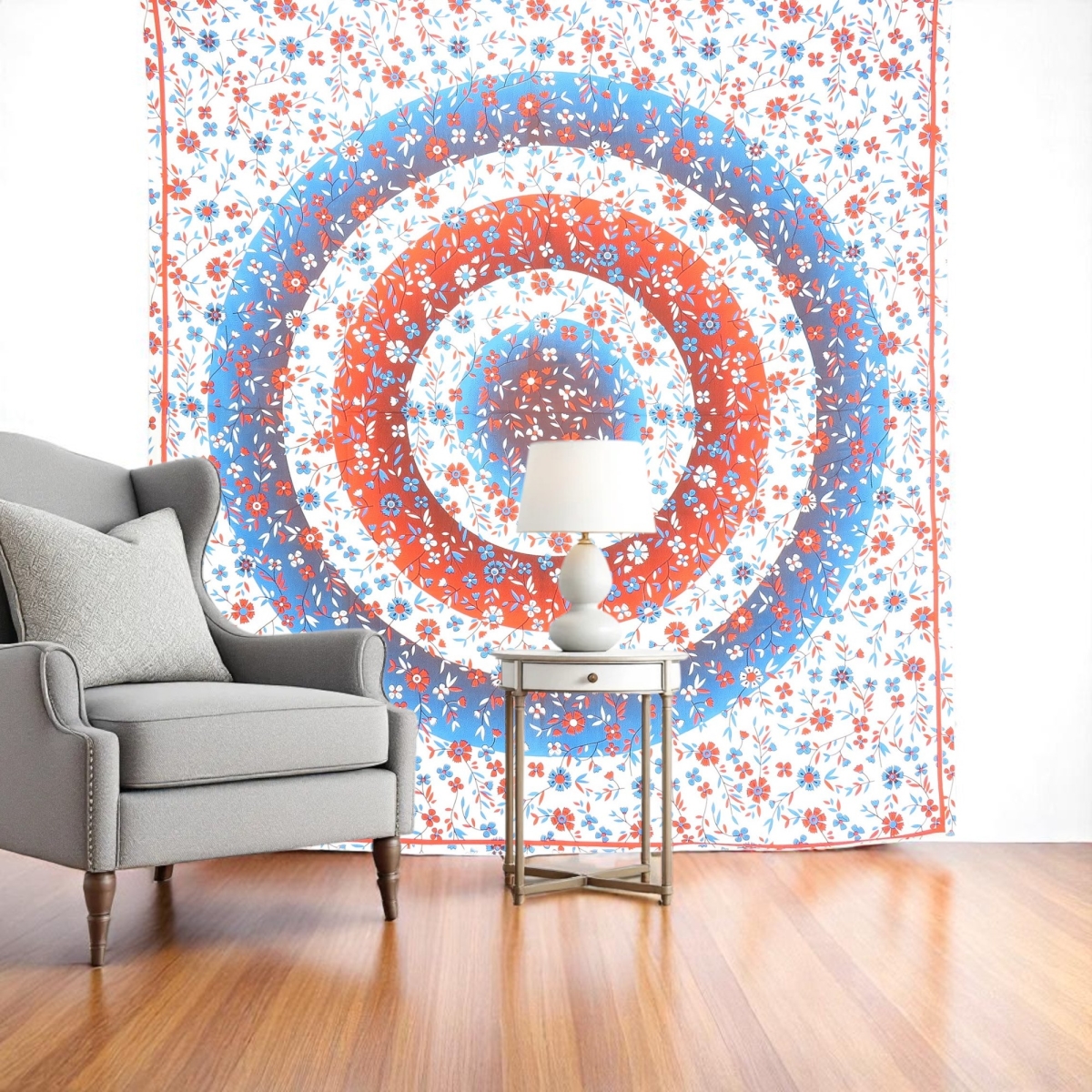 397435 88 x 84 in. White Blue & Red Floral Cotton Hanging Tapestry