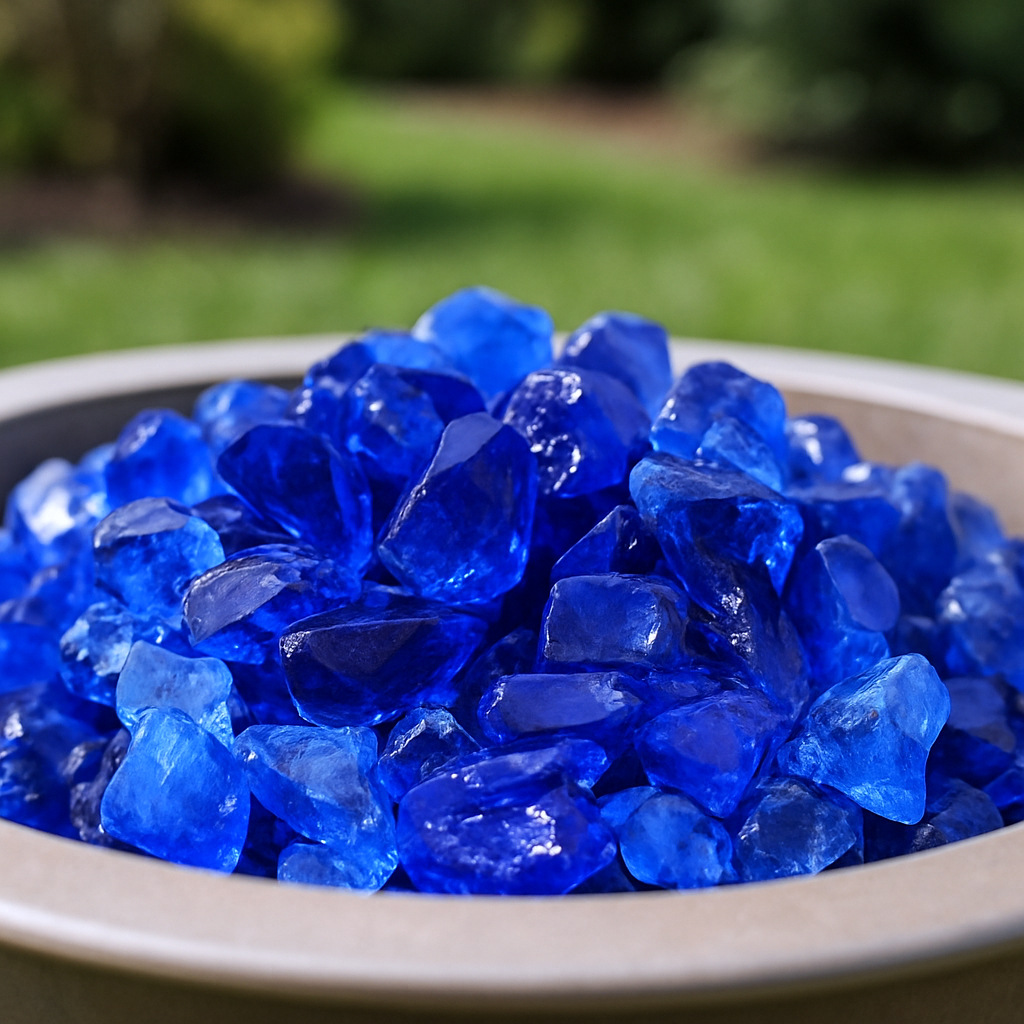 479095 Blue Round Reflective Fire Pit Glass