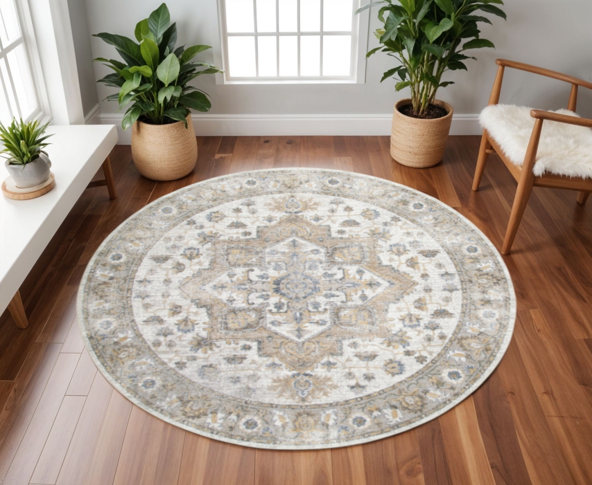 532912 8 ft. Gray Ivory & Blue Floral Medallion Distressed Washable Round Rug