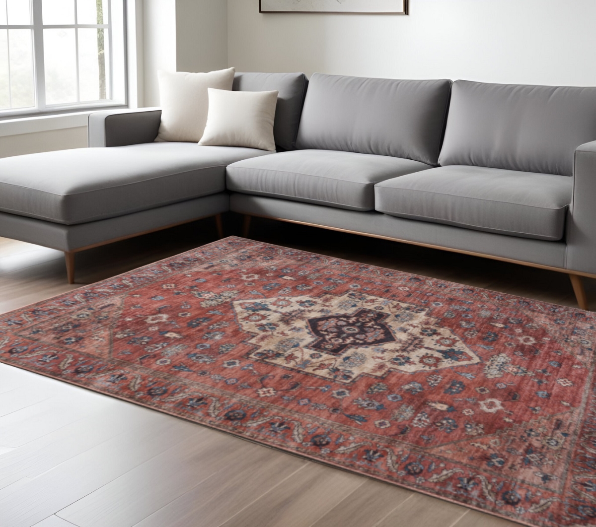 533335 9 x 12 ft. Red & Ivory Medallion Distressed Washable Machine Made Transitional Rectangle Area Rug