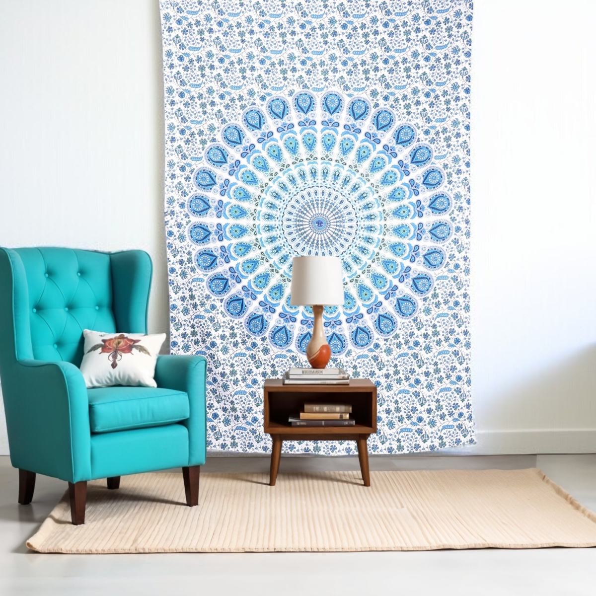 Blue & White Mandala Cotton Tapestry - 80 x 56 in. - Handmade Wall Art