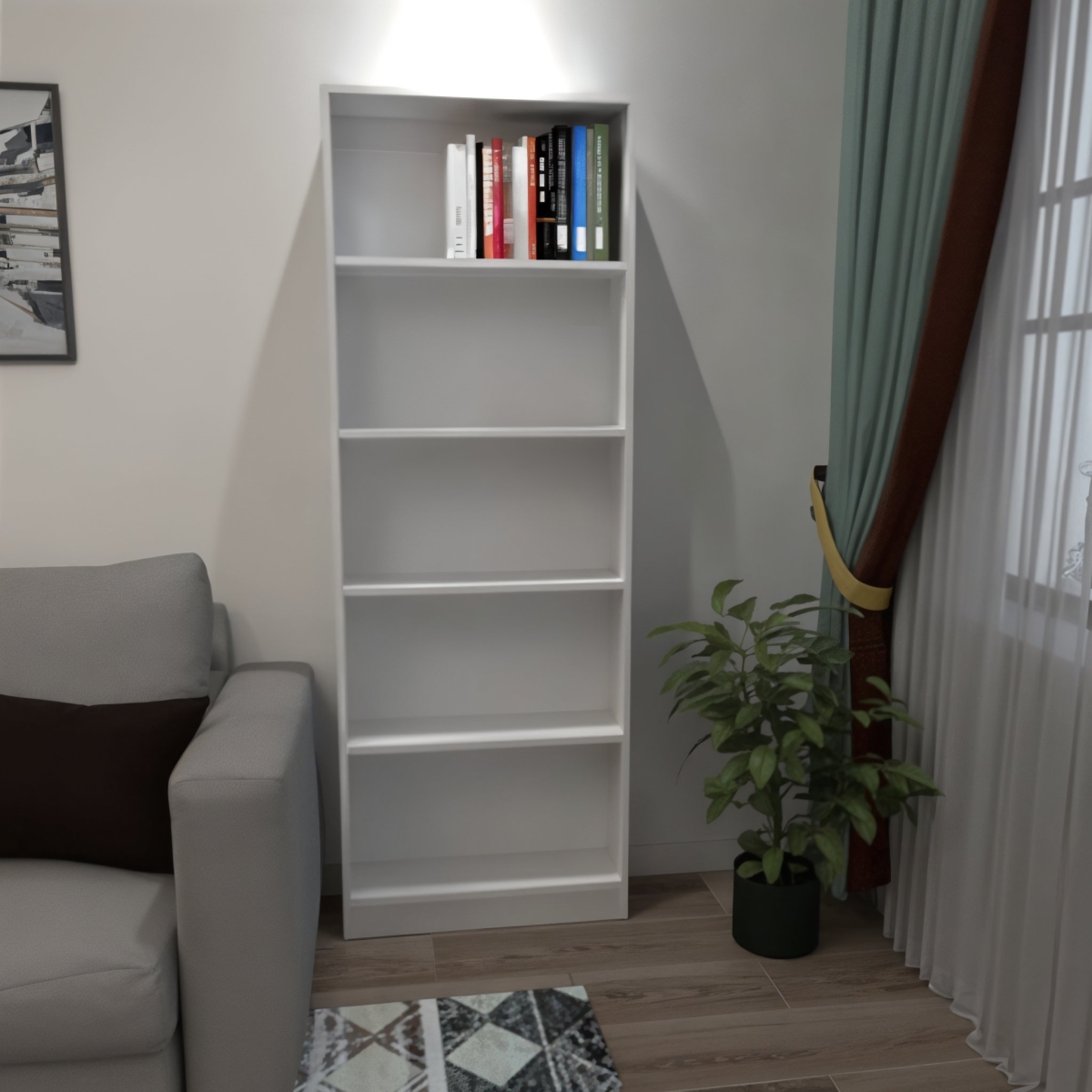 546593 71 in. White Wood Five Tier Bookcase