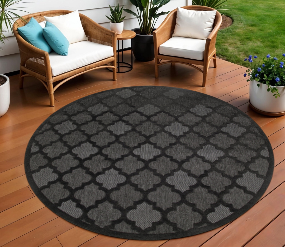 545218 10 ft. Charcoal & Black Round Trellis Indoor & Outdoor Area Rug