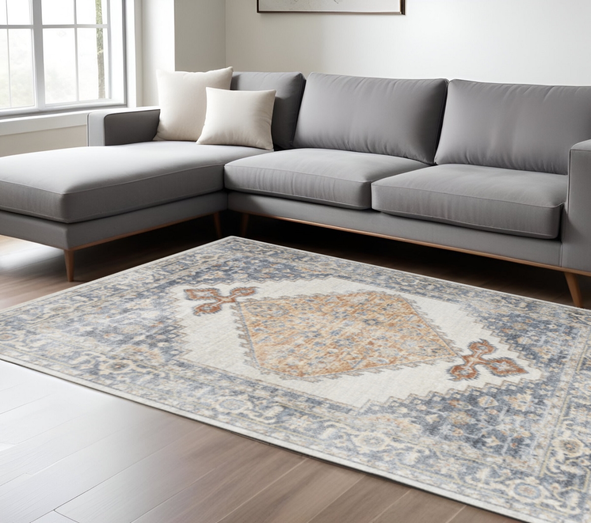521740 8 x 10 ft. Gray & Gold Floral Medallion Distressed Washable Rectangle Area Rug