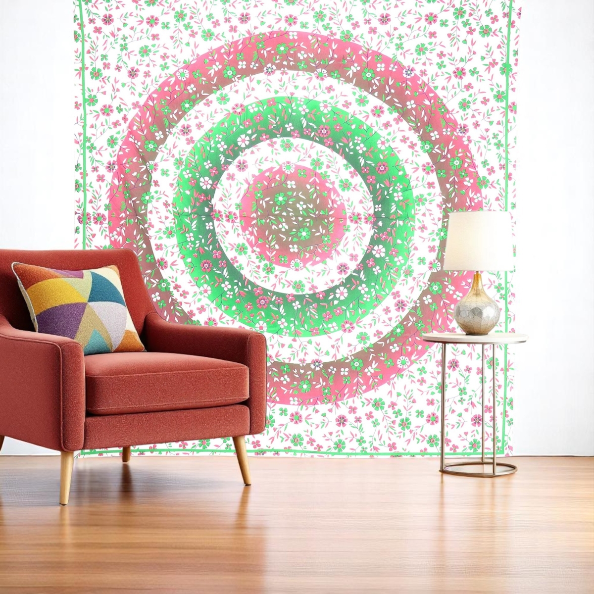 Floral Cotton Hanging Tapestry - Green Red & White - 88 x 84 in. - Handmade Accent
