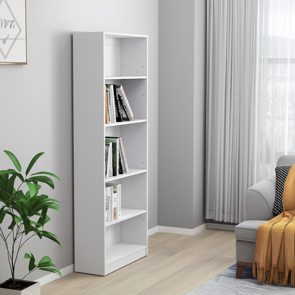 546191 71 in. White Wood Five Tier Bookcase