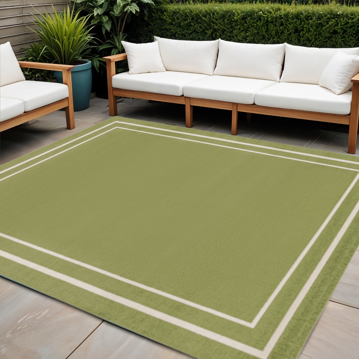 545957 5 ft. Green & Ivory Square Indoor & Outdoor Area Rug