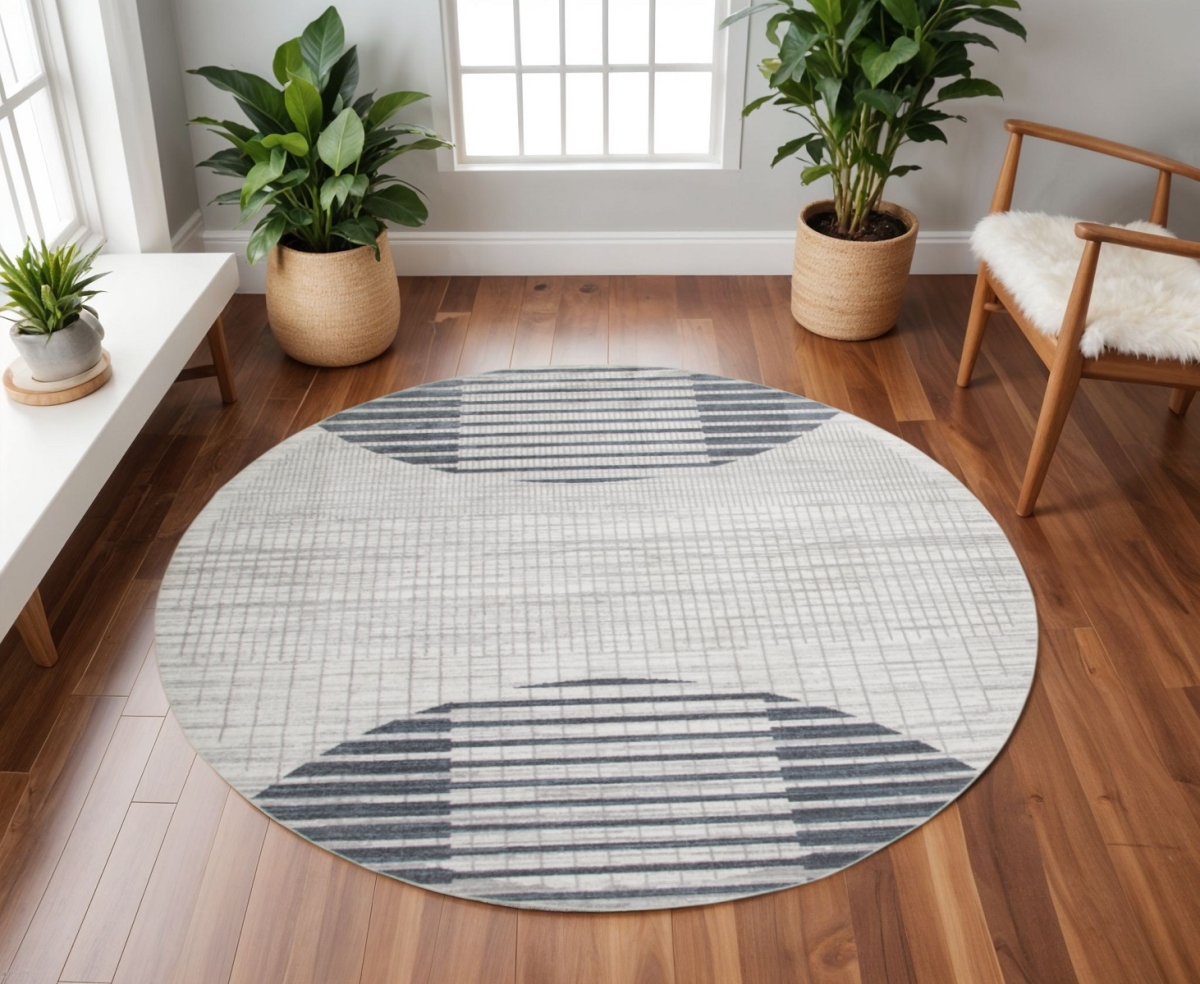 532875 8 ft. Blue & Ivory Geometric Washable Round Rug