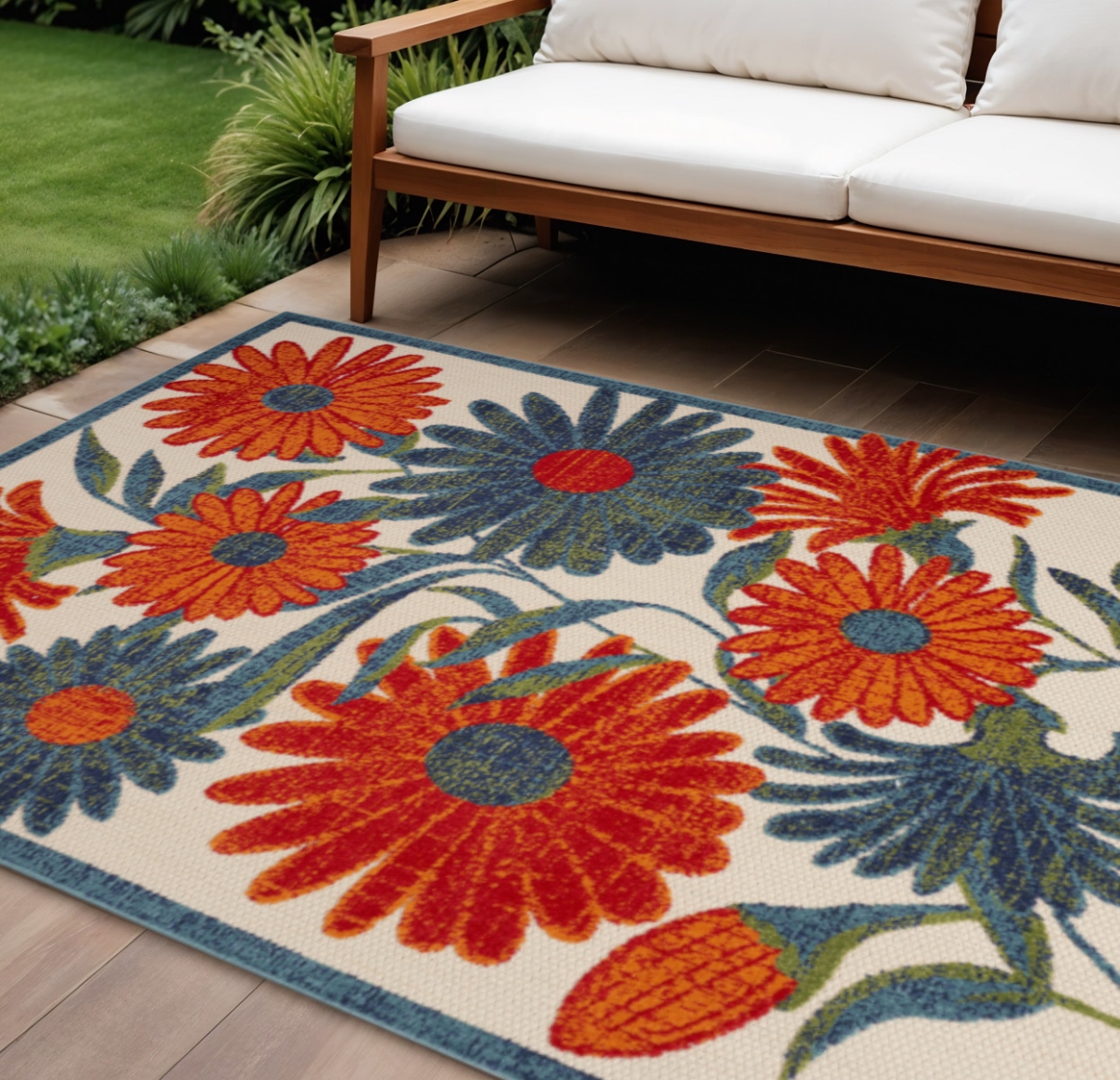 548134 12 x 15 ft. Ivory Green Orange Blue & Red Floral Indoor & Outdoor Rectangle Area Rug