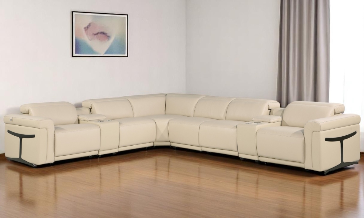 534851 Beige Italian Leather Modular L Shaped 8 Piece Corner Sectional with Console