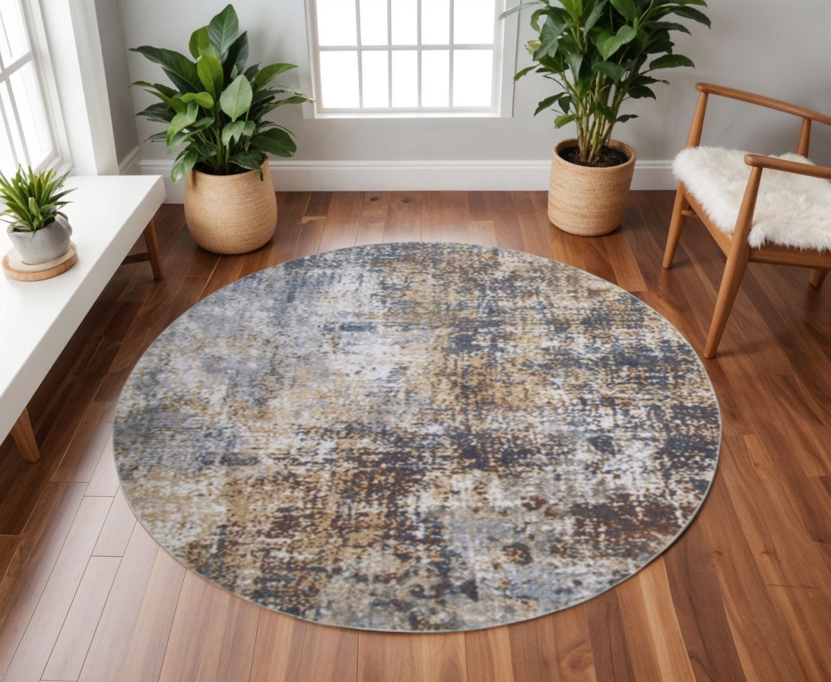 532832 8 ft. Tan Ivory & Black Abstract Distressed Washable Round Rug