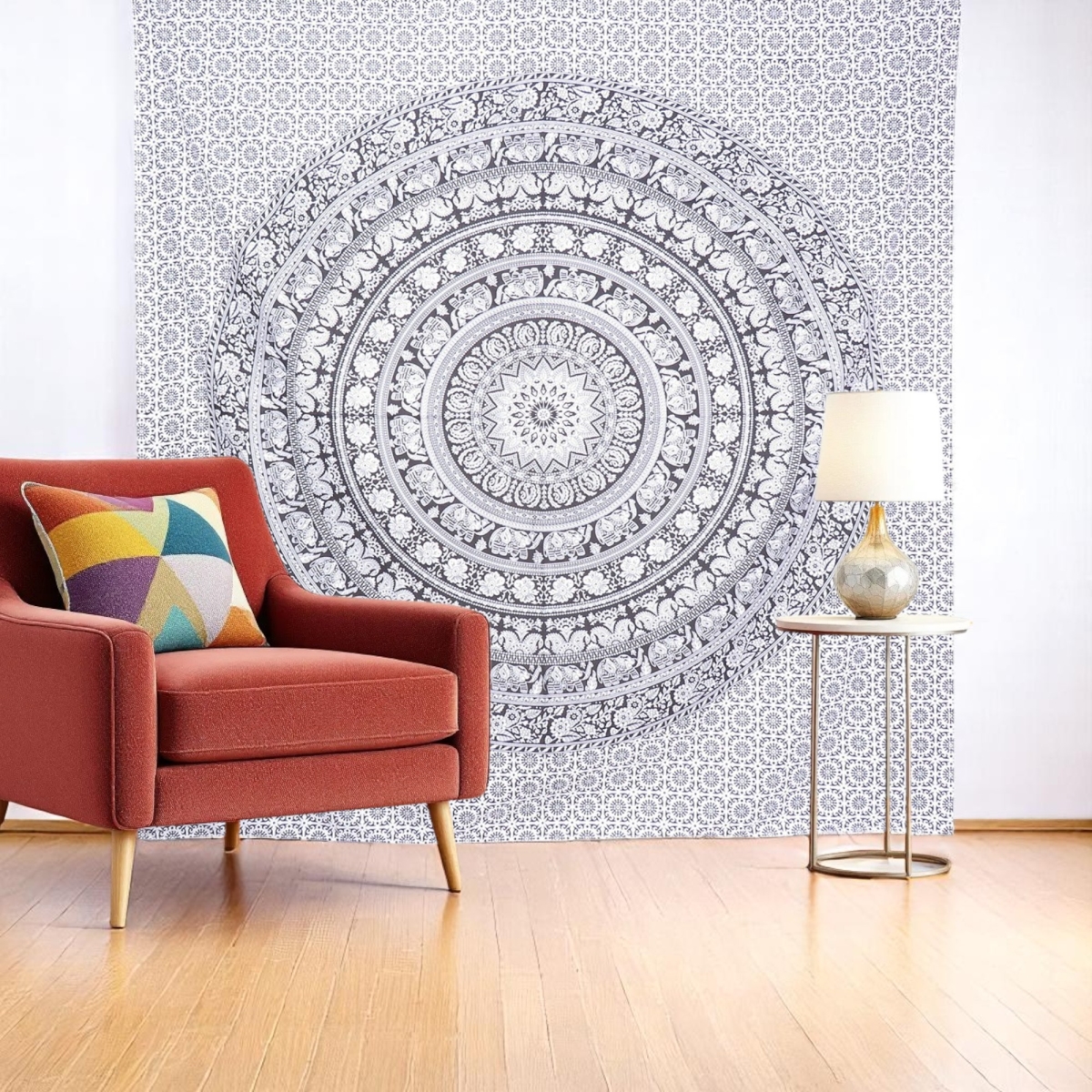 397403 92 x 84 in. Black & White Mandala Cotton Hanging Tapestry