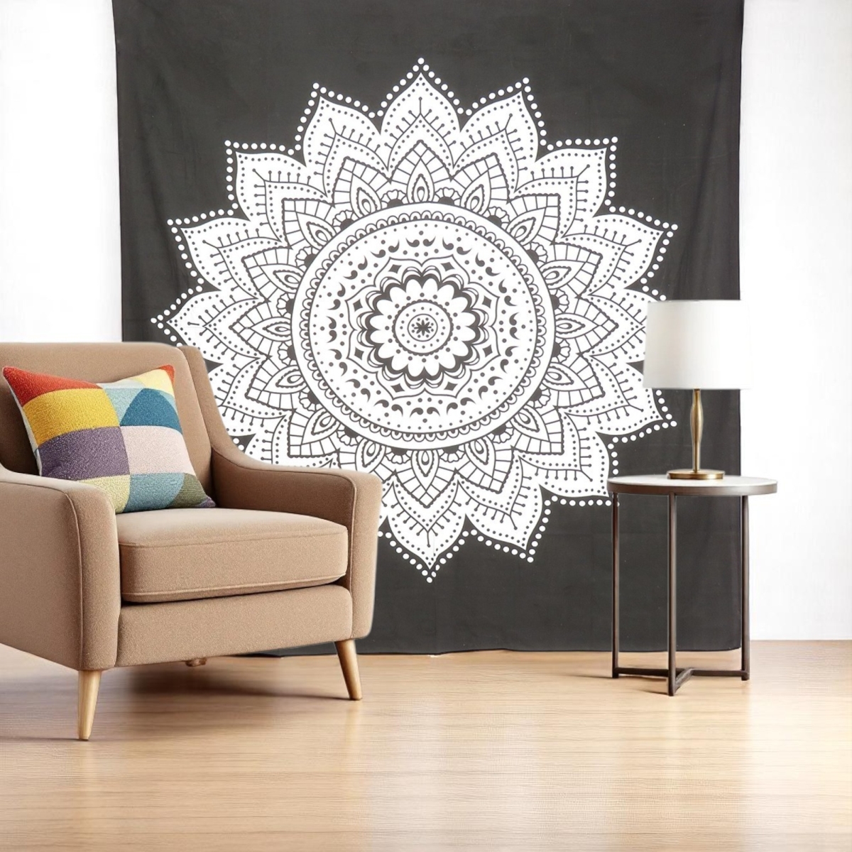 397415 92 x 84 in. Black & White Mandala Cotton Hanging Tapestry
