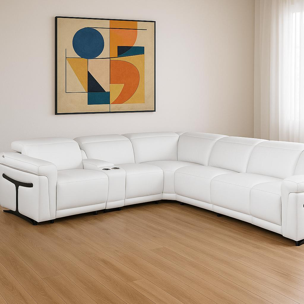 534879 White Italian Leather Modular L Shaped 7 Piece Corner Sectional with Console
