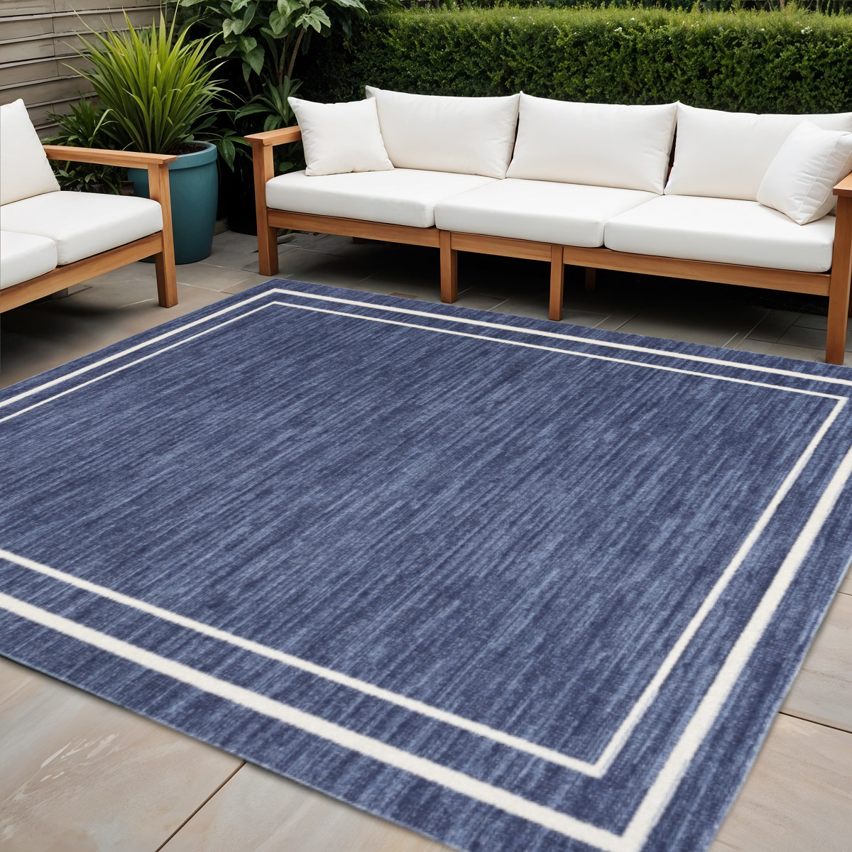 545977 5 ft. Navy Blue & Ivory Square Indoor & Outdoor Area Rug