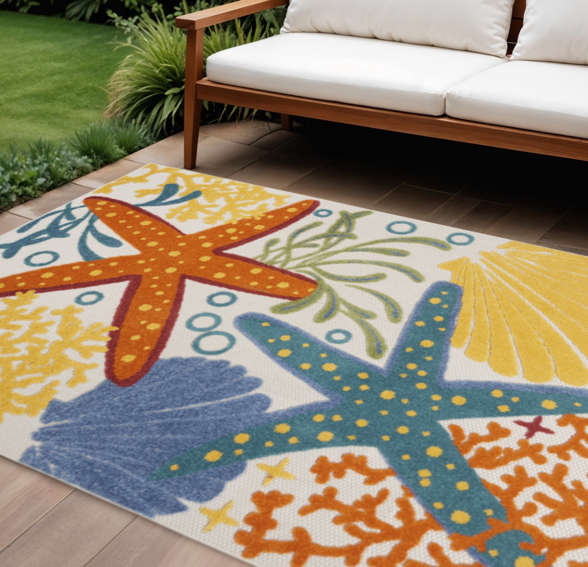 546830 7 x 10 ft. Blue Yellow & Orange Starfish Indoor & Outdoor Rectangle Area Rug