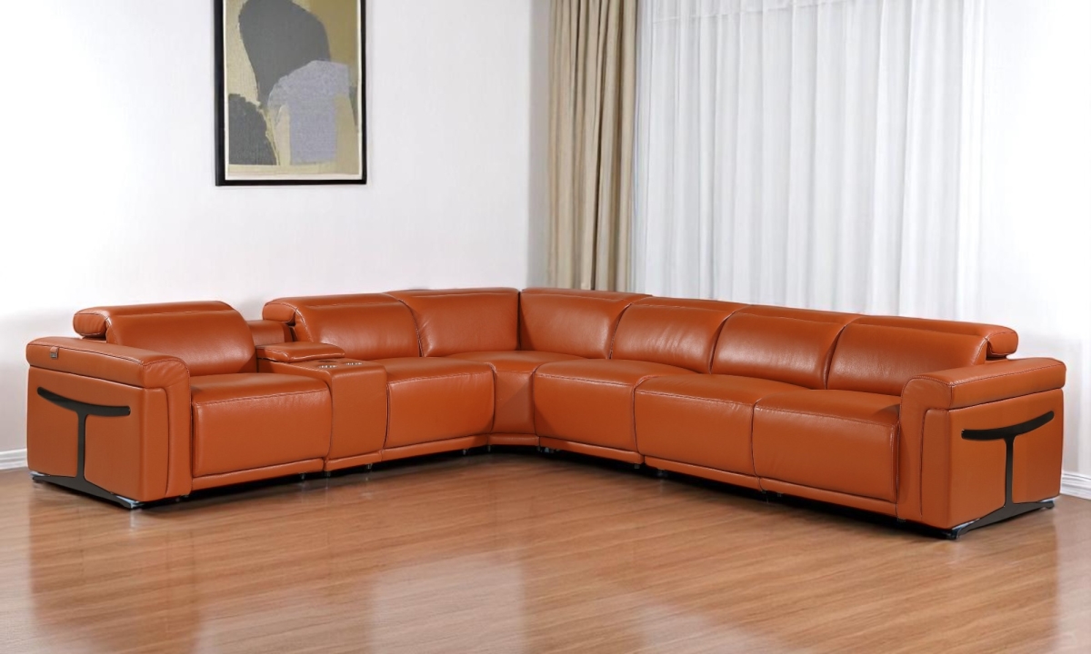 534861 Camel Italian Leather Modular L Shaped 7 Piece Corner Sectional with Console