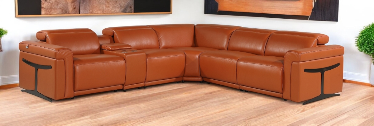 534859 Camel Italian Leather Modular L Shaped 6 Piece Corner Sectional with Console
