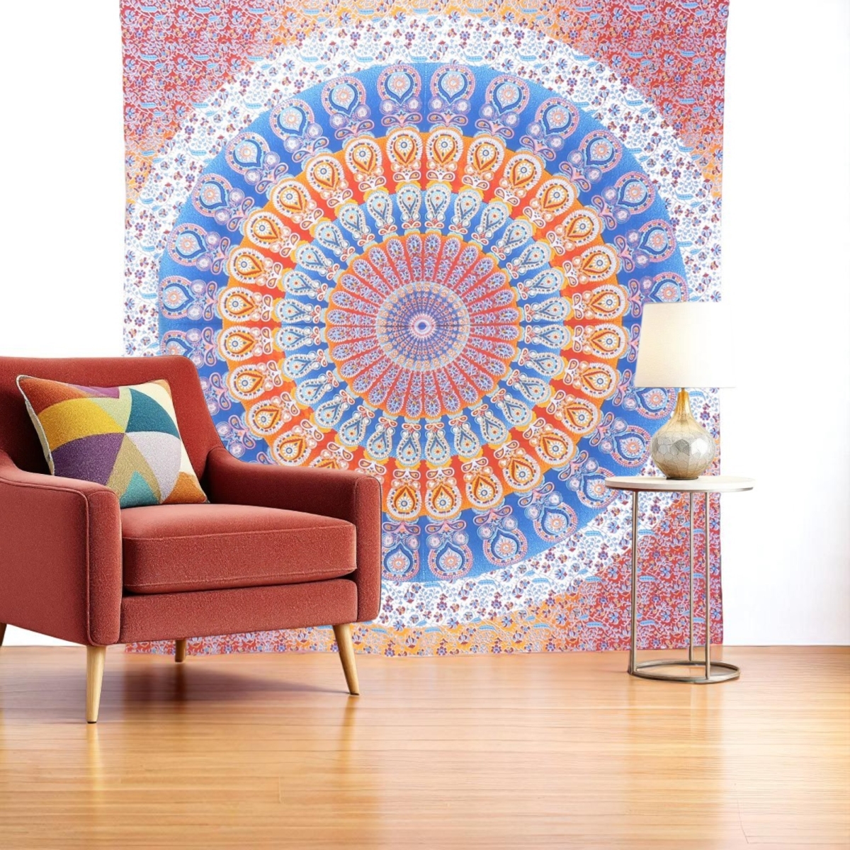 Mandala Cotton Tapestry - Orange Blue & Yellow - 92 x 84 in. - Handmade