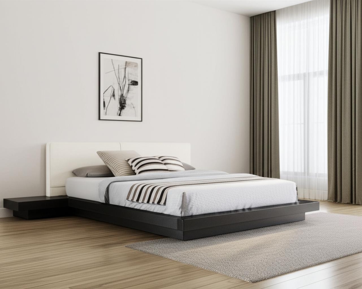 486265 Black & White Wood & Faux Leather King Bed Frame with Attached Nightstands