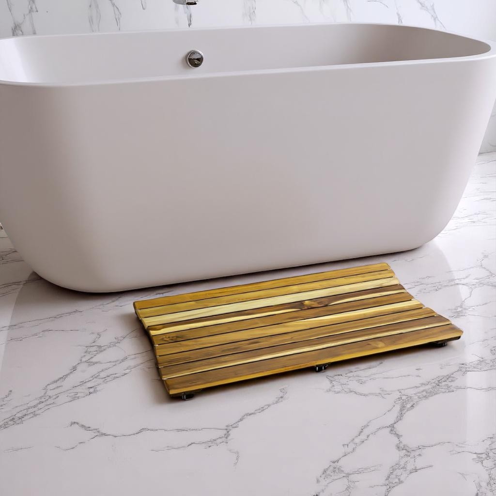 383341 31 in. Brown Teak Slat Non Slip Bath Mat