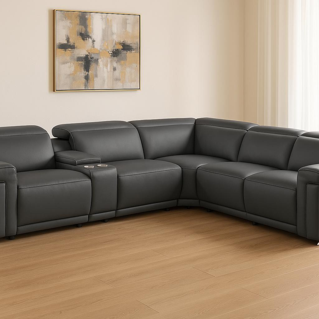 534865 Gray Italian Leather Modular L Shaped 6 Piece Corner Sectional with Console