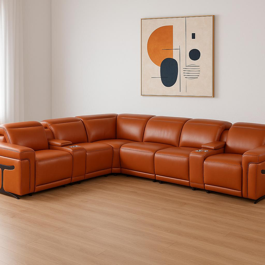 534863 Camel Italian Leather Modular L Shaped 8 Piece Corner Sectional with Console