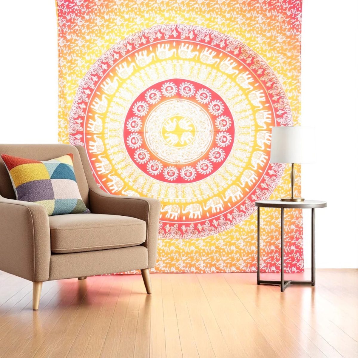 Mustard Red & White Mandala Cotton Tapestry - 92 x 84 in. - Handmade Art