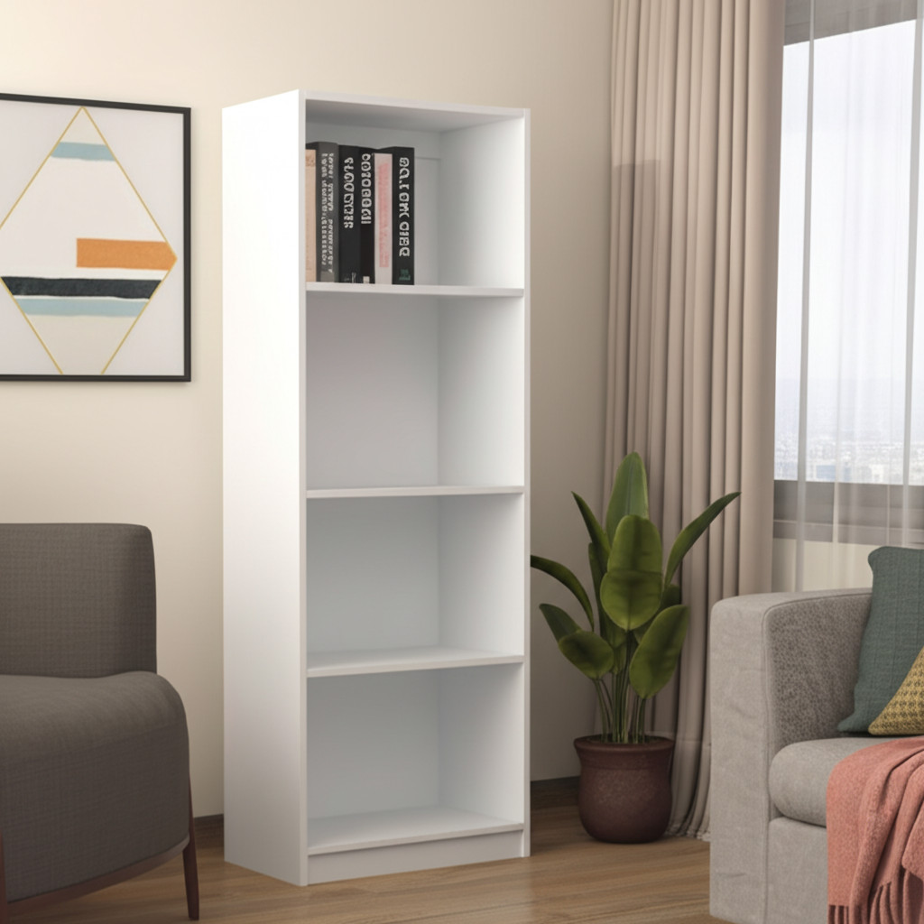 546190 71 in. White Wood Four Tier Bookcase