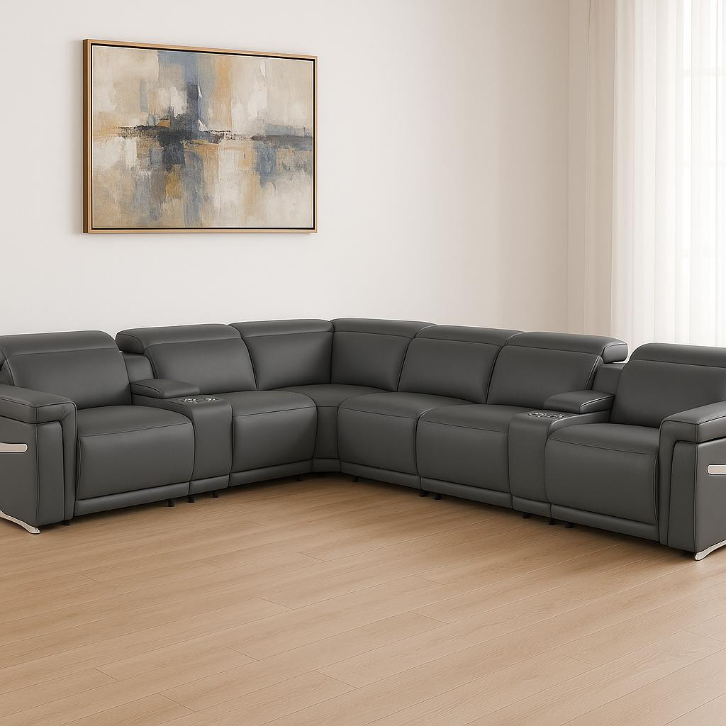 534869 Gray Italian Leather Modular L Shaped 8 Piece Corner Sectional with Console