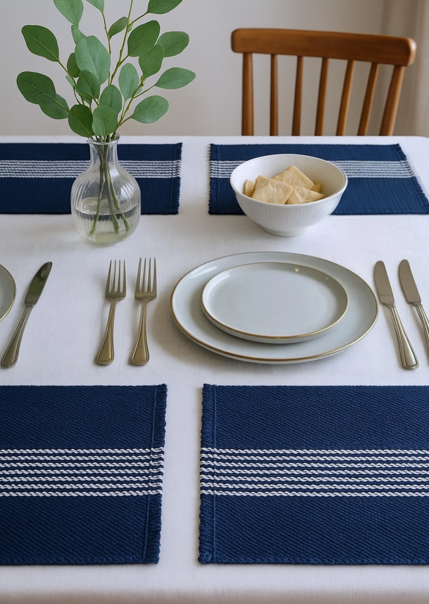 Picture of HomeRoots 517424 19 in. Navy Blue & White Striped Cotton Placemats - Set of 4