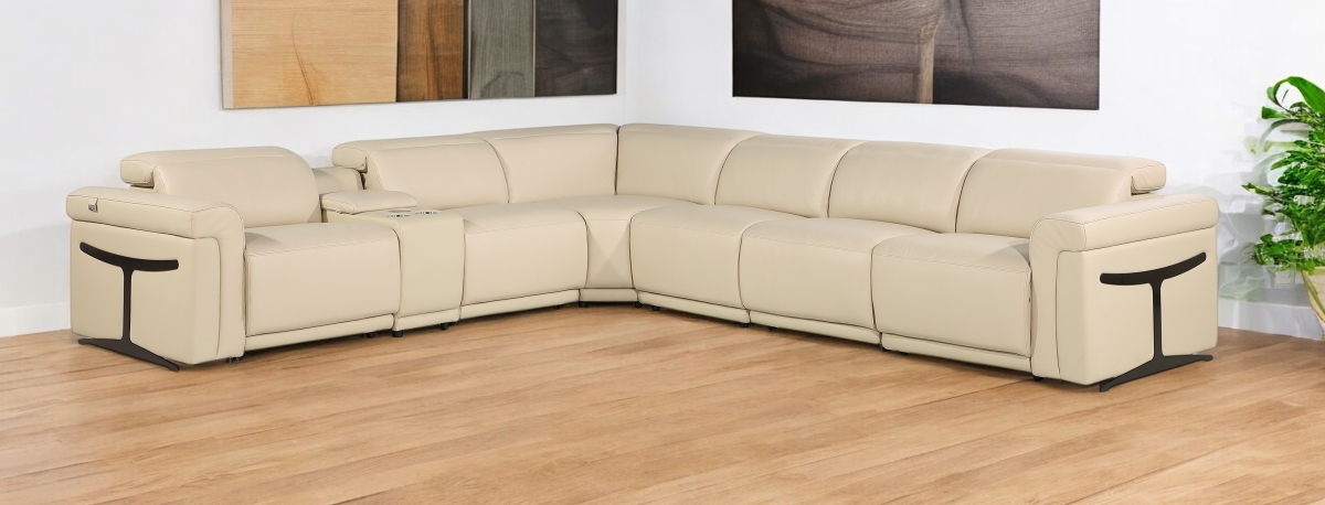 534848 Beige Italian Leather Modular L Shaped 7 Piece Corner Sectional with Console