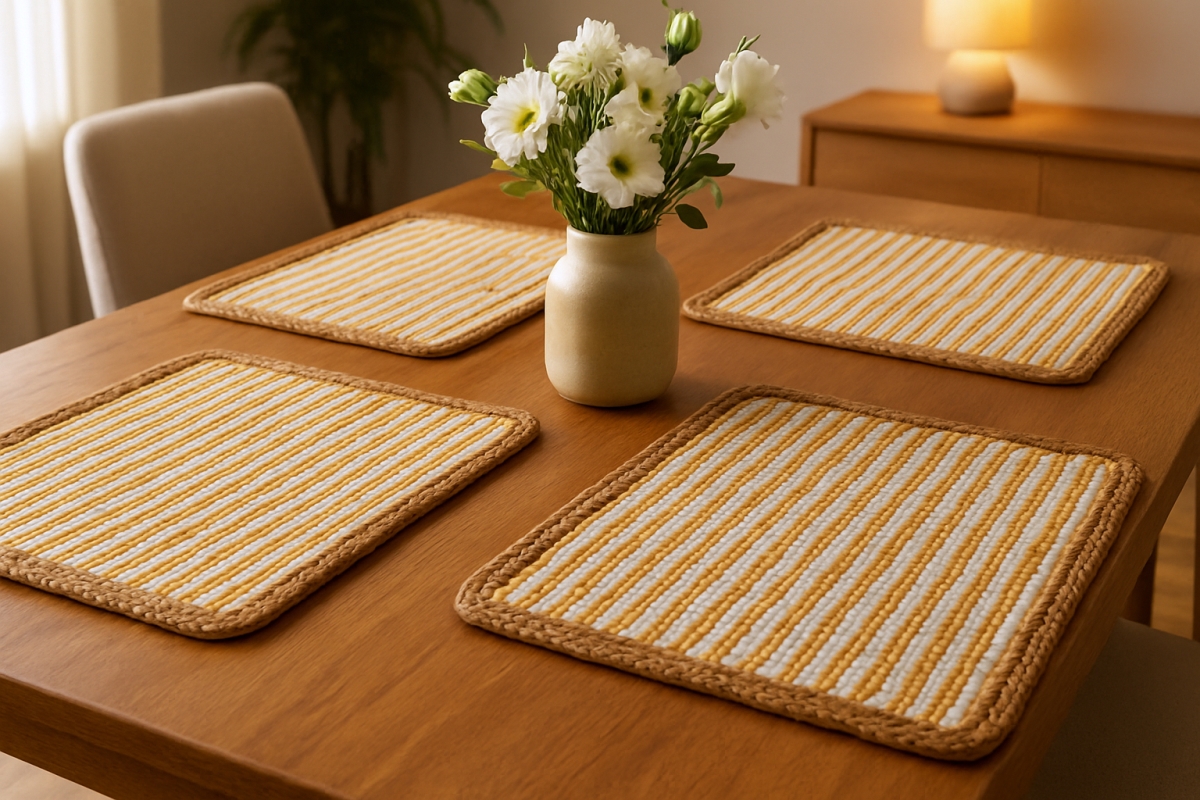 Picture of HomeRoots 517423 19 in. Cream Yellow & Natural Striped Cotton & Jute Placemats - Set of 4