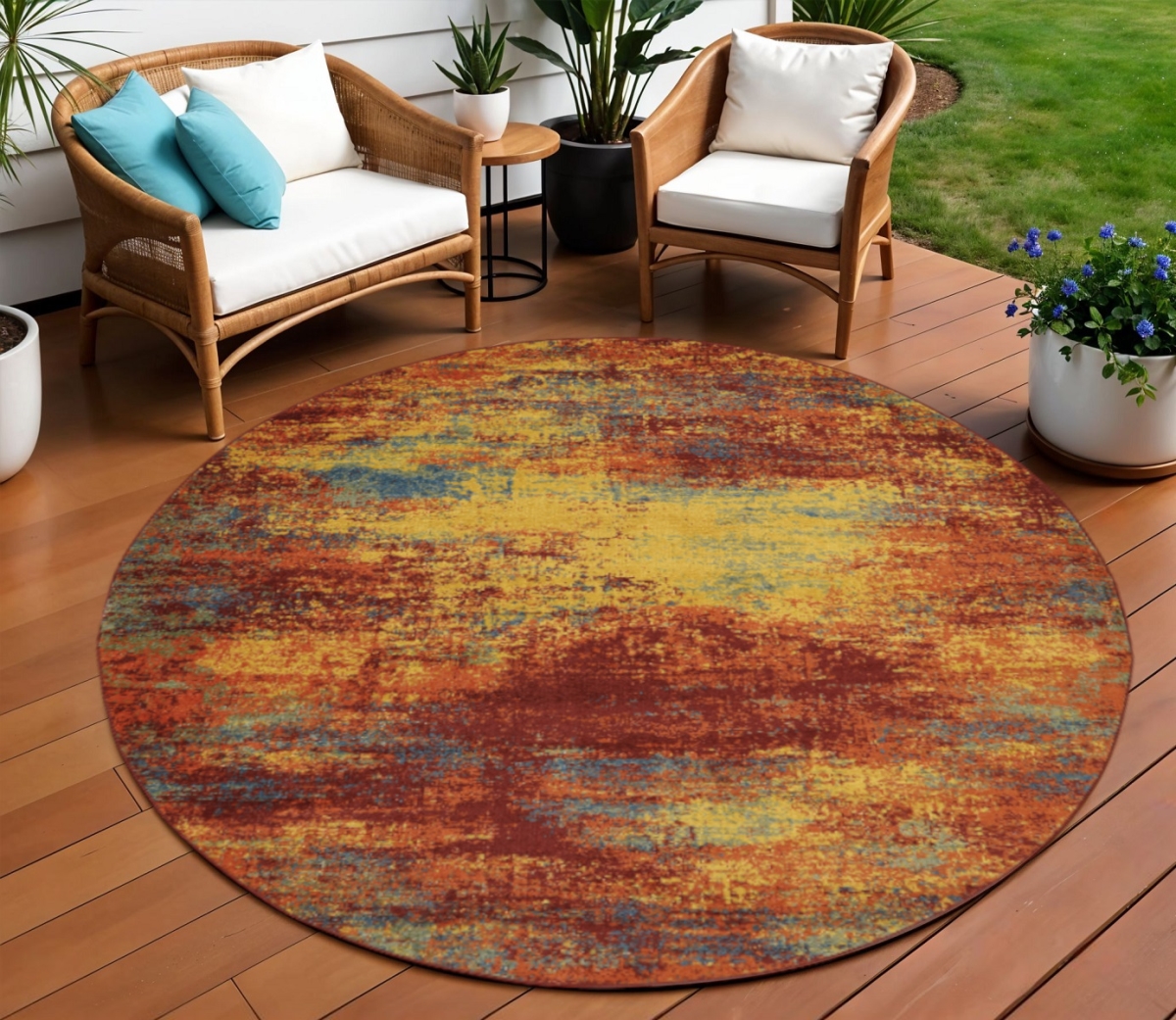 572566 8 ft. Flame Round Abstract Indoor & Outdoor Area Rug