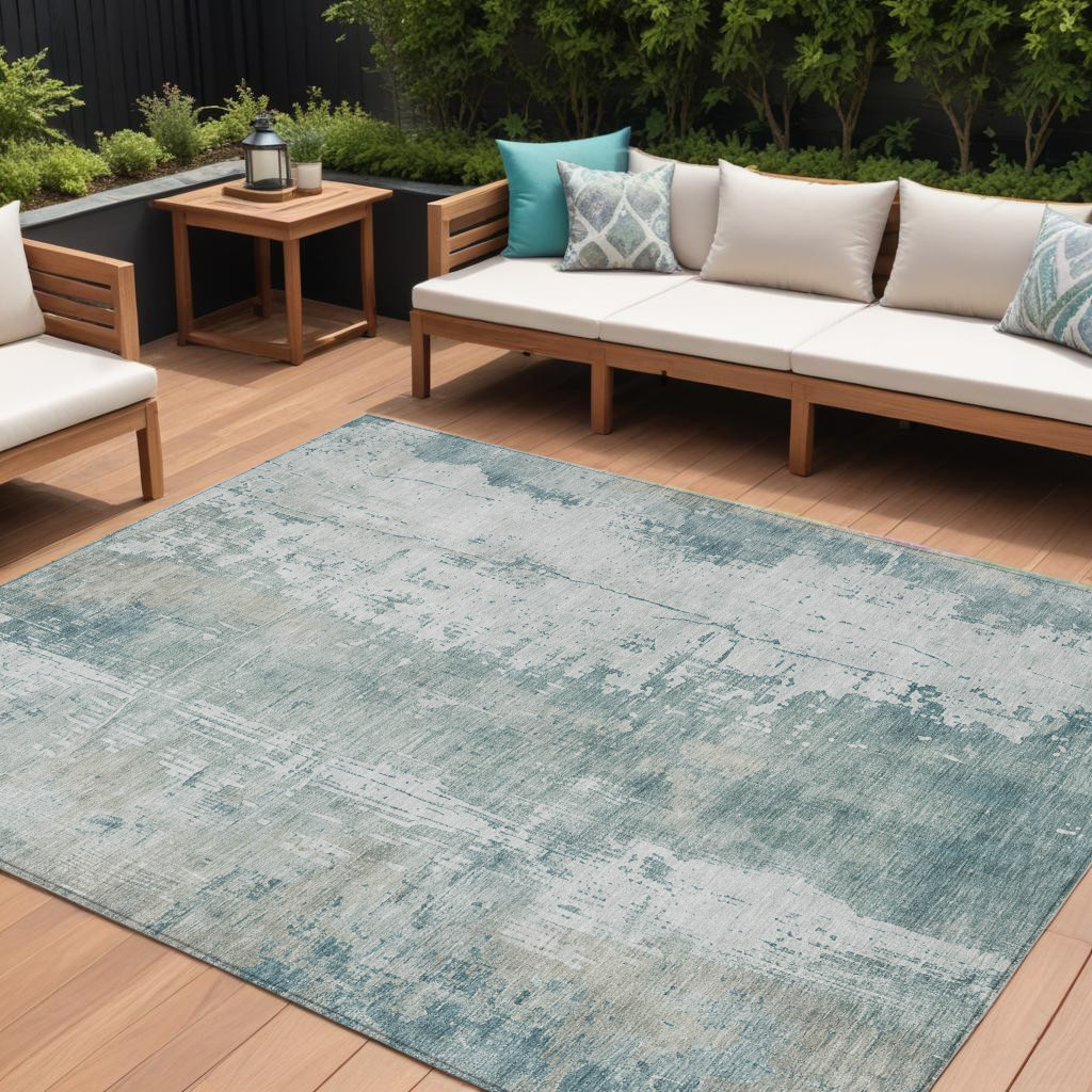 616207 10 x 14 ft. Turquoise & Ivory Abstract Washable Indoor & Outdoor Rectangle Area Rug