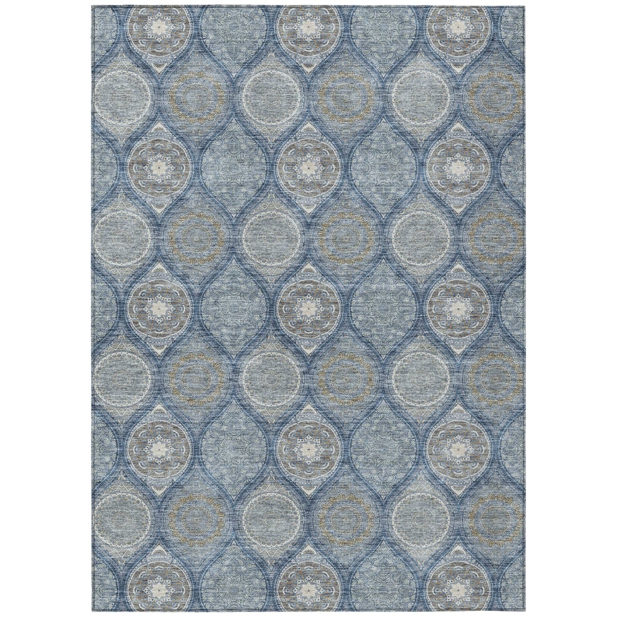 614610 10 x 14 ft. Navy Blue Ivory & Taupe Floral Medallion Washable Indoor & Outdoor Rectangle Area Rug