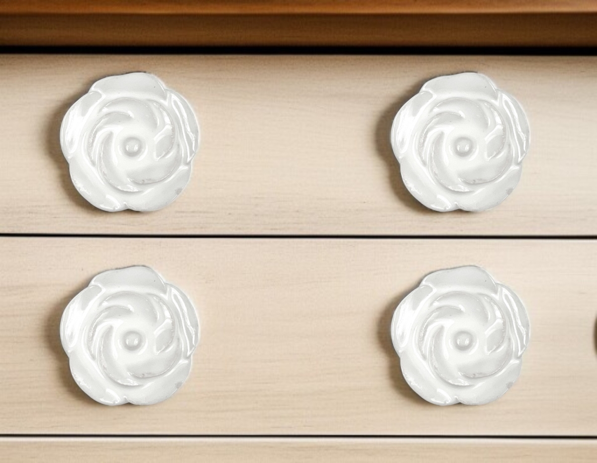 635788 White Ceramic Flower Shape Drawer Pull Knobs - Set of 6